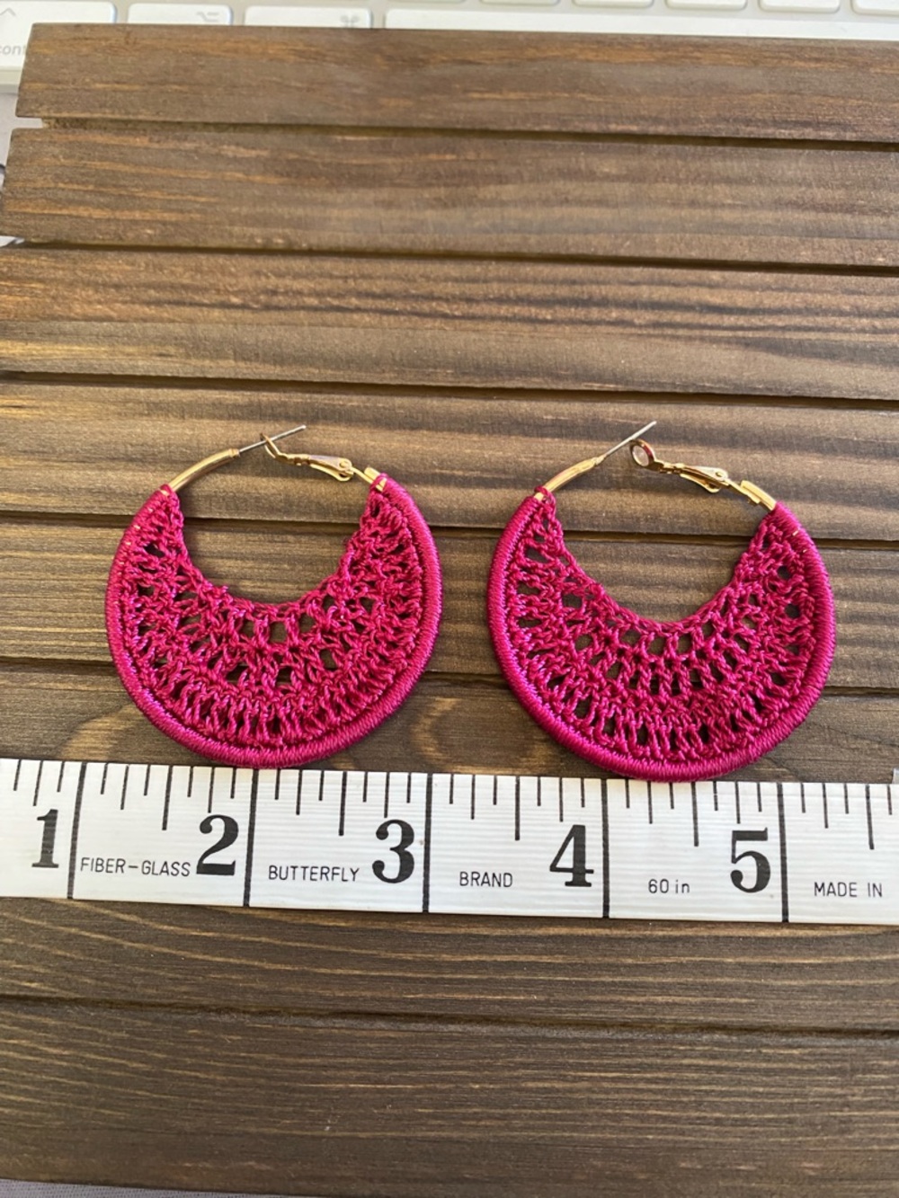 Boho Burgundy/Magenta Crochet Lightweight Hoop Earrings with Gold-Tone Closures